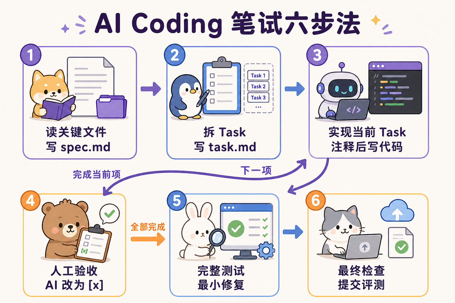 六步做题流程：读文件、拆 Task、逐项实现与人工验收，最后运行完整测试并提交评测