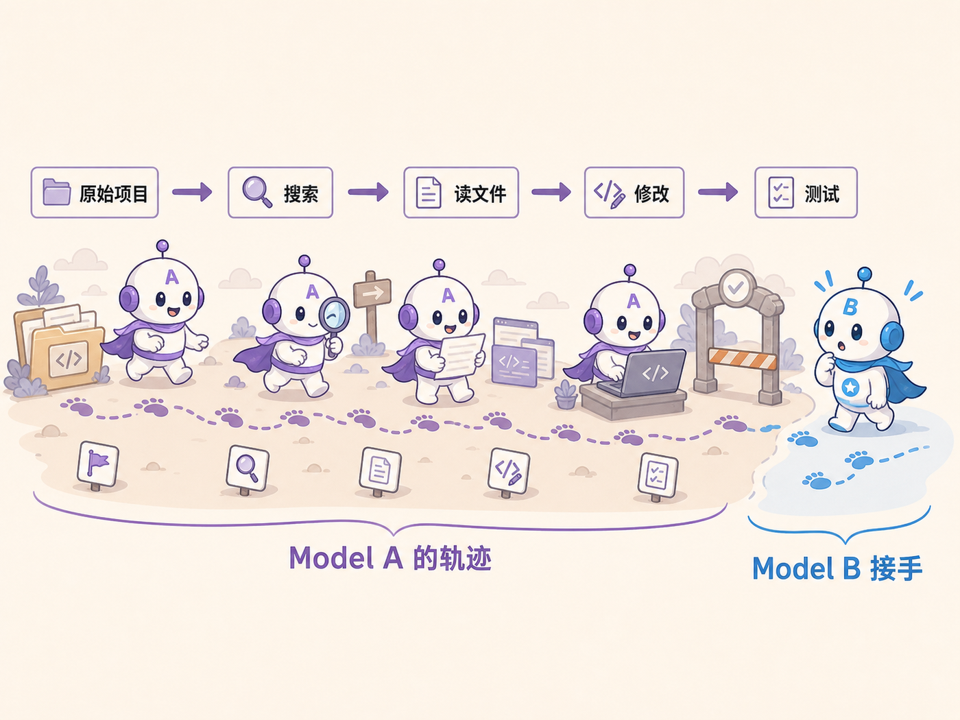 Model A 经过搜索、读文件、修改和测试塑造了当前现场，Model B 从轨迹末端接手