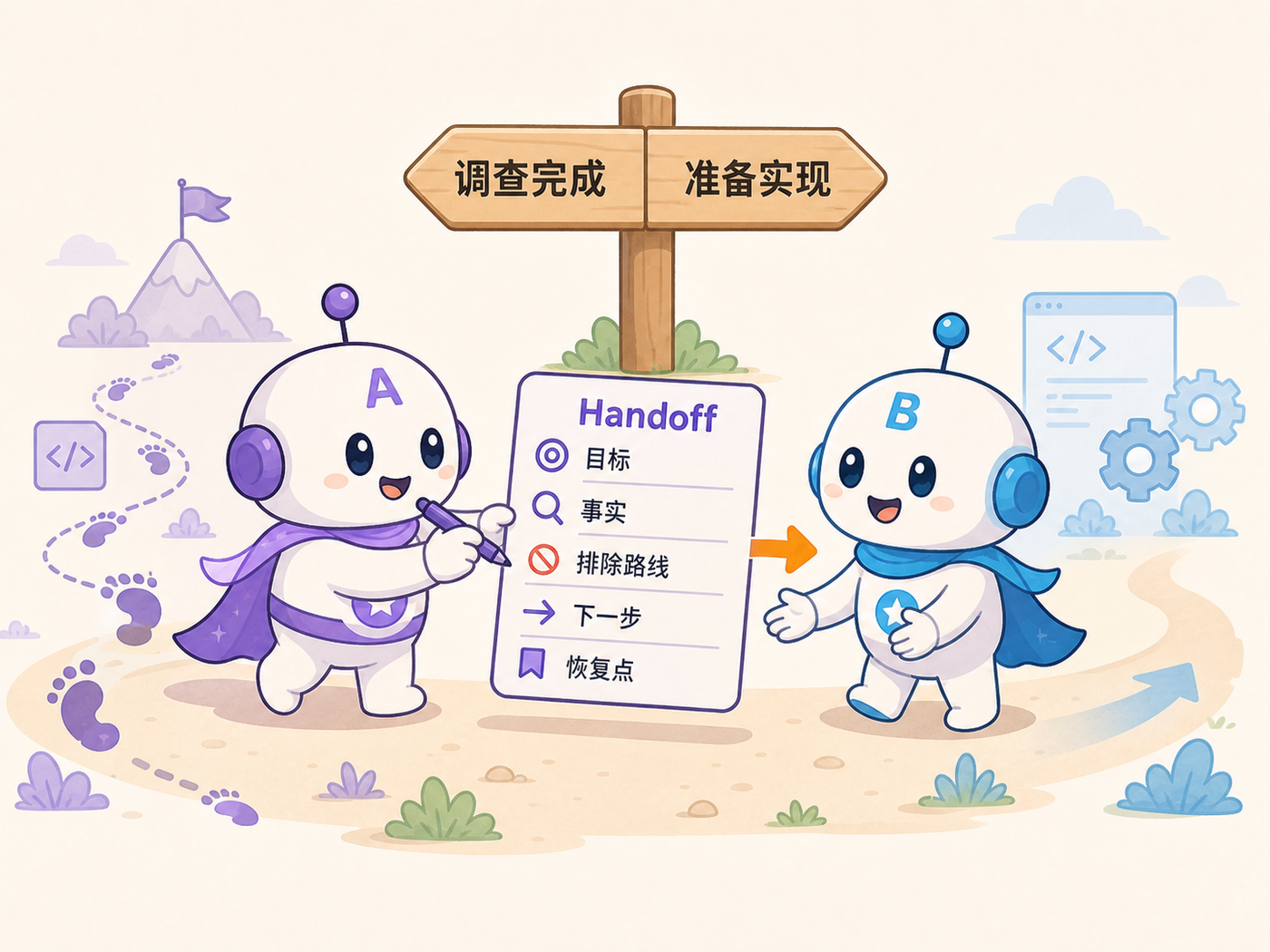 在调查完成、准备实现的语义断点生成 Handoff，再由 Model B 继续