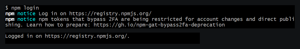 npm login 完成后，终端确认已经登录 Registry