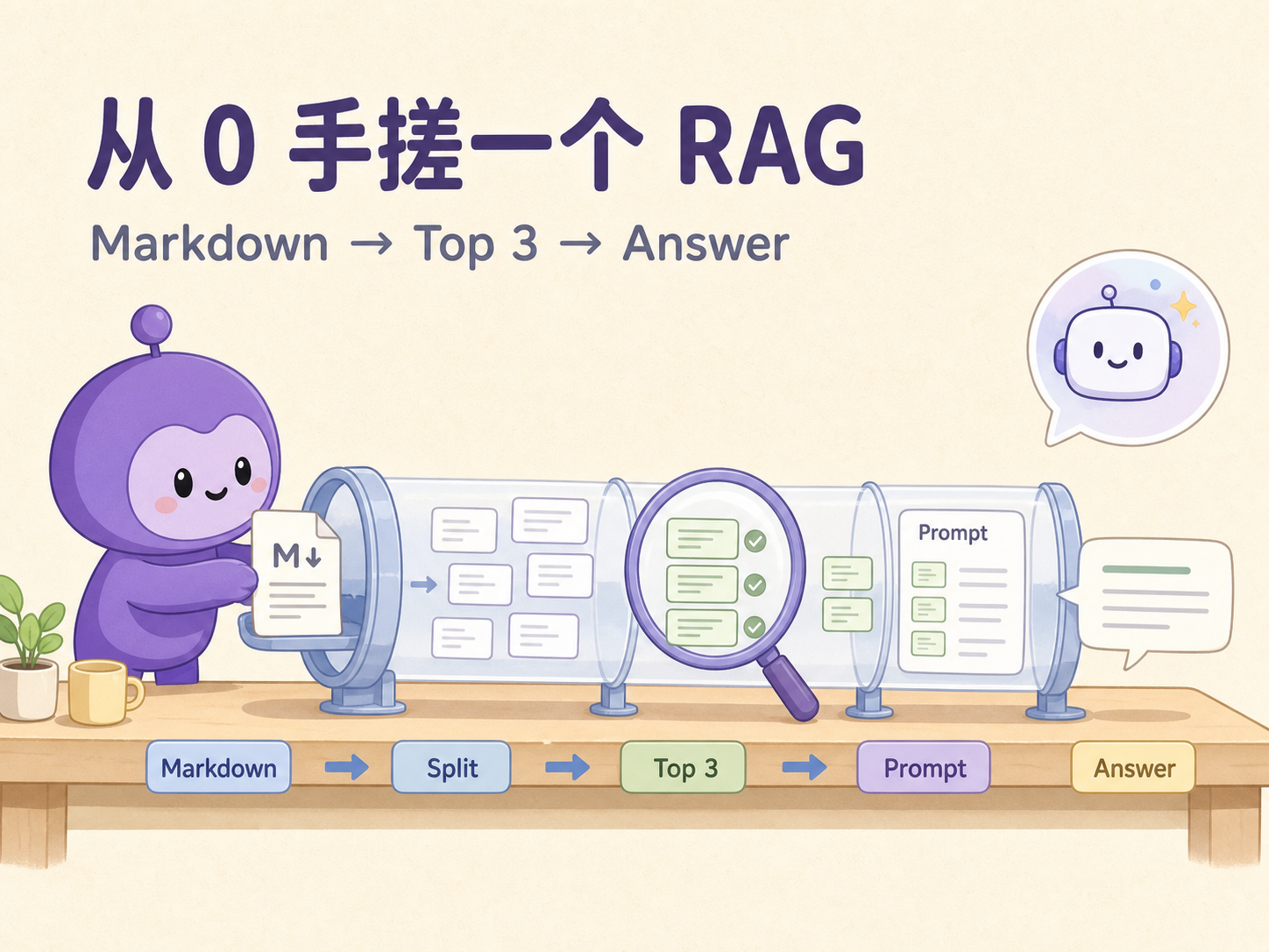 从 0 手搓一个 RAG：Markdown 经过切块、Top 3 和 Prompt 后生成回答