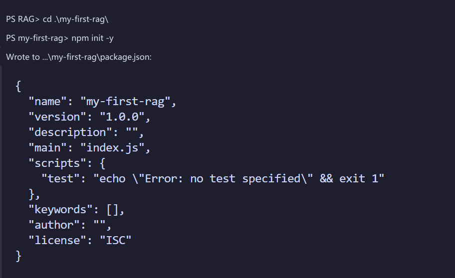 运行 npm init -y 后生成 my-first-rag 的 package.json