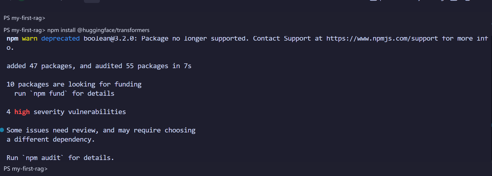 安装 Transformers.js 时保留了当次 npm 依赖告警，正文不把告警当作安装失败