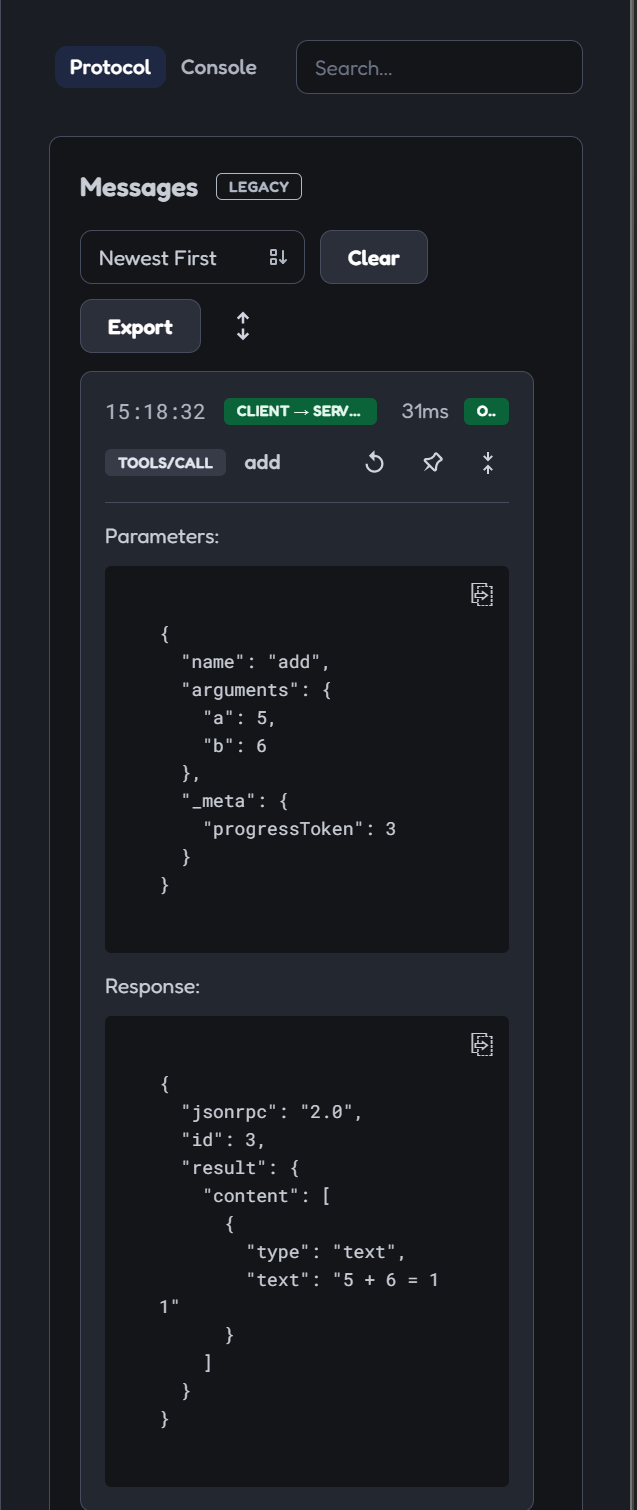Protocol 面板中的 tools/call：客户端传入 add 参数，Server 返回 5 + 6 = 11