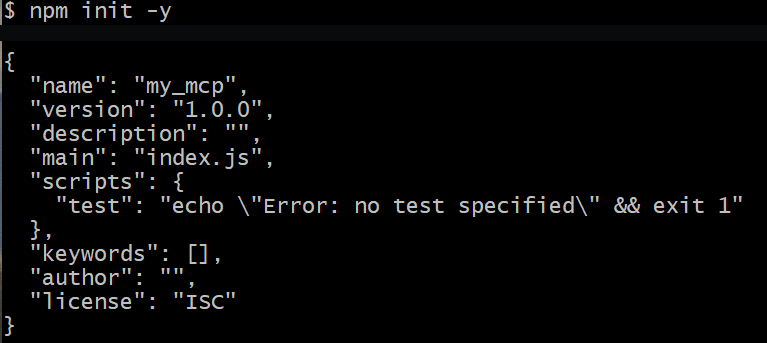 运行 npm init -y 后生成 package.json，命令与结果来自同一次真实操作