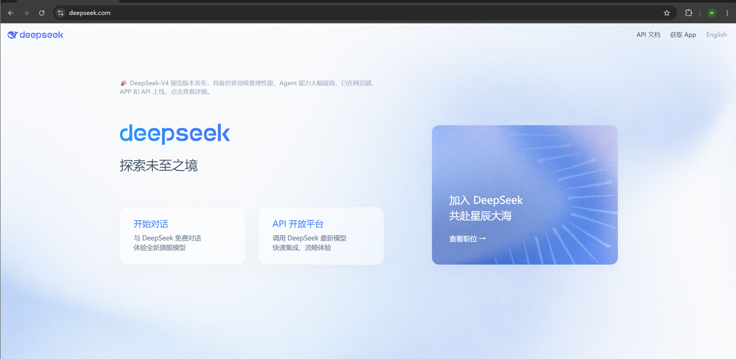 DeepSeek 首页同时提供网页聊天和开放平台入口（页面样式可能变化）