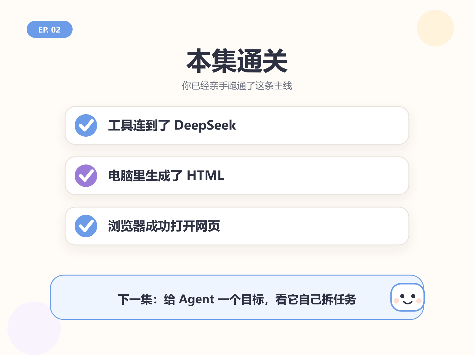 本集完成：启动本地工具、接通 DeepSeek、创建并打开 HTML 文件