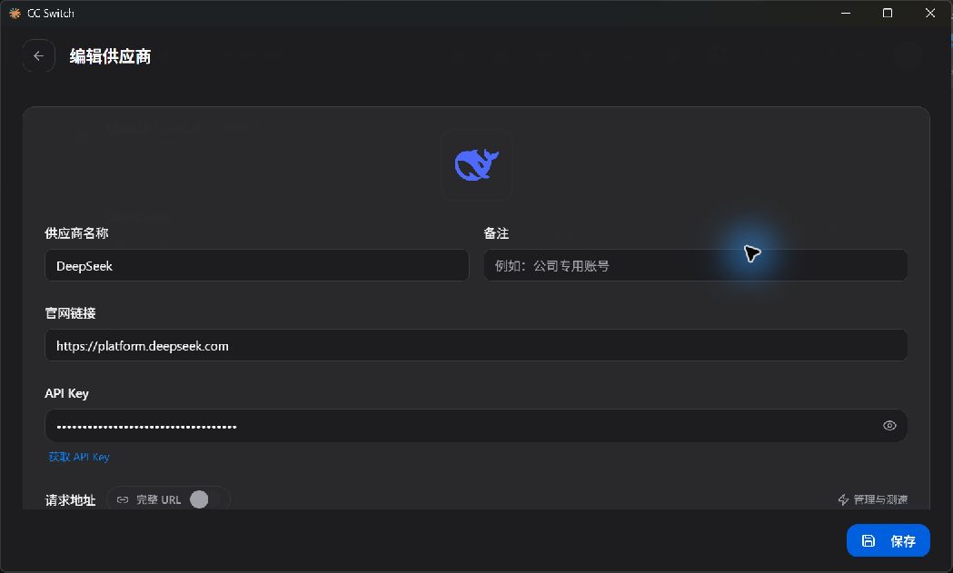 先填写供应商名称、实验专用 API Key 和官网链接，截图中的 Key 已完全隐藏
