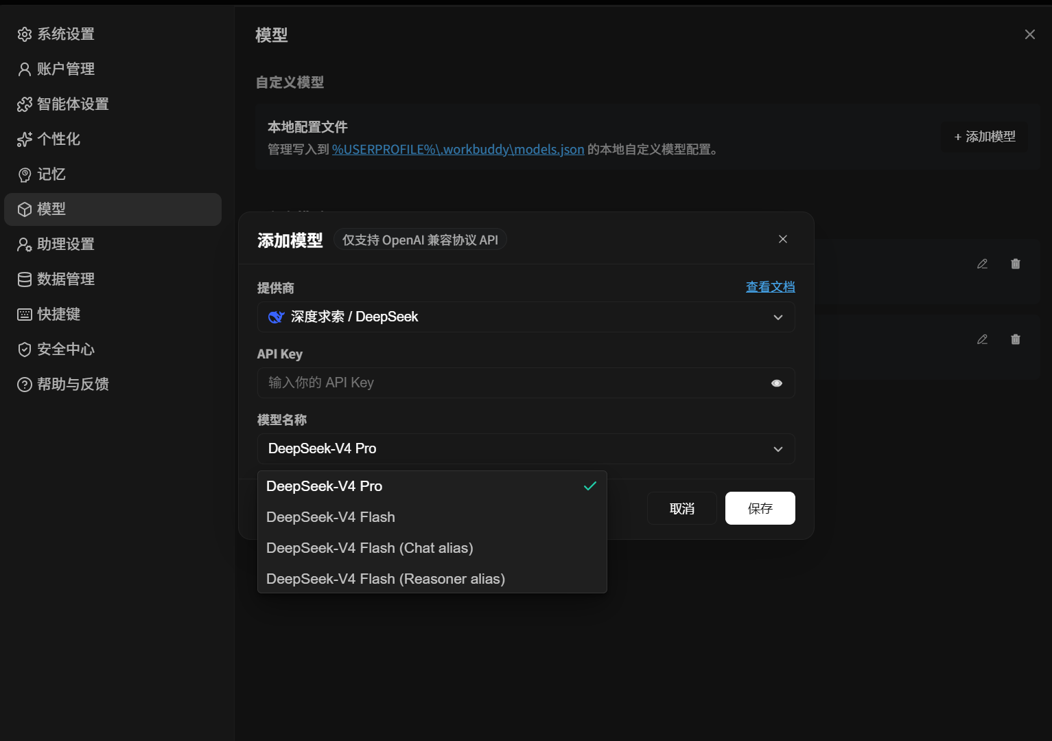 只填写实验专用 Key，并选择界面中当前可用的 DeepSeek 模型