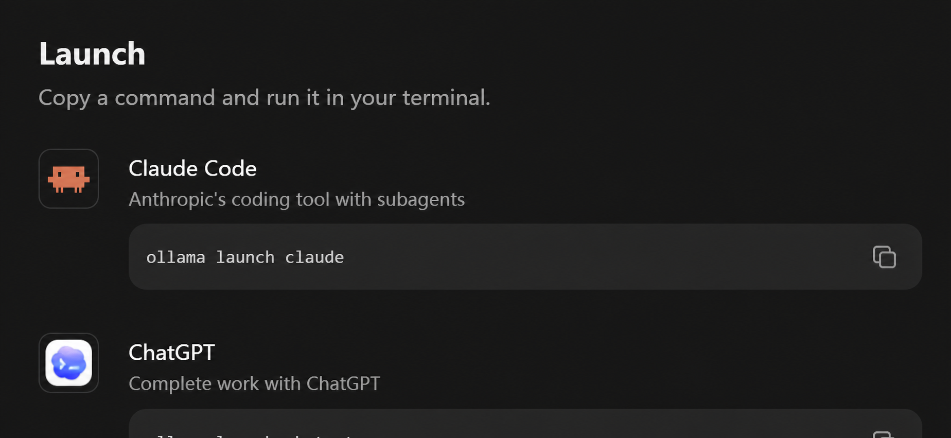 Ollama 的 Launch 菜单给出了 Claude Code 的启动命令