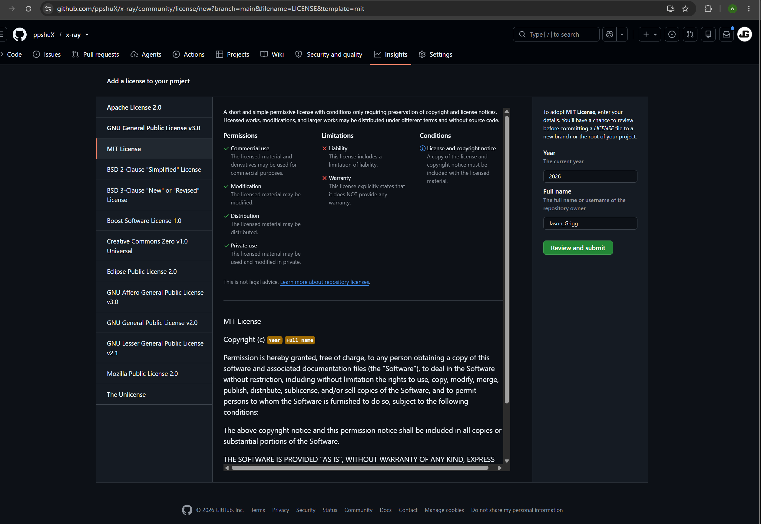 实验选择 MIT License 作为 GitHub 仓库许可证